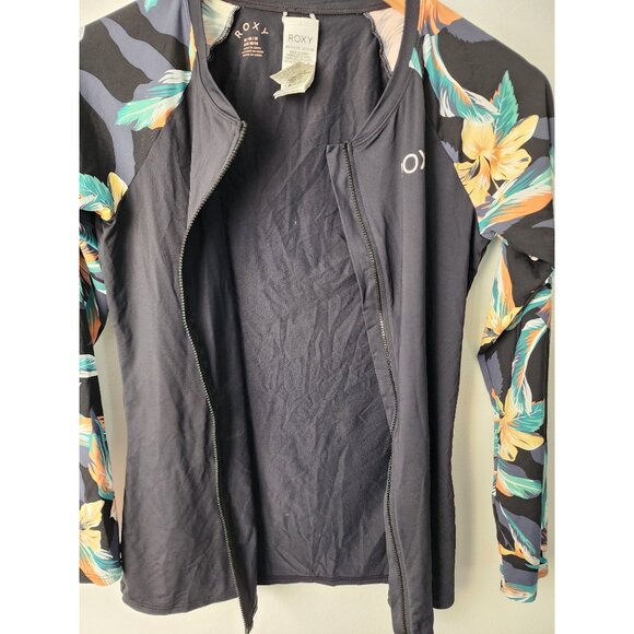 Roxy black floral essentials UPF 50 long sleeve front zip rashguard M - Picture 7 of 7